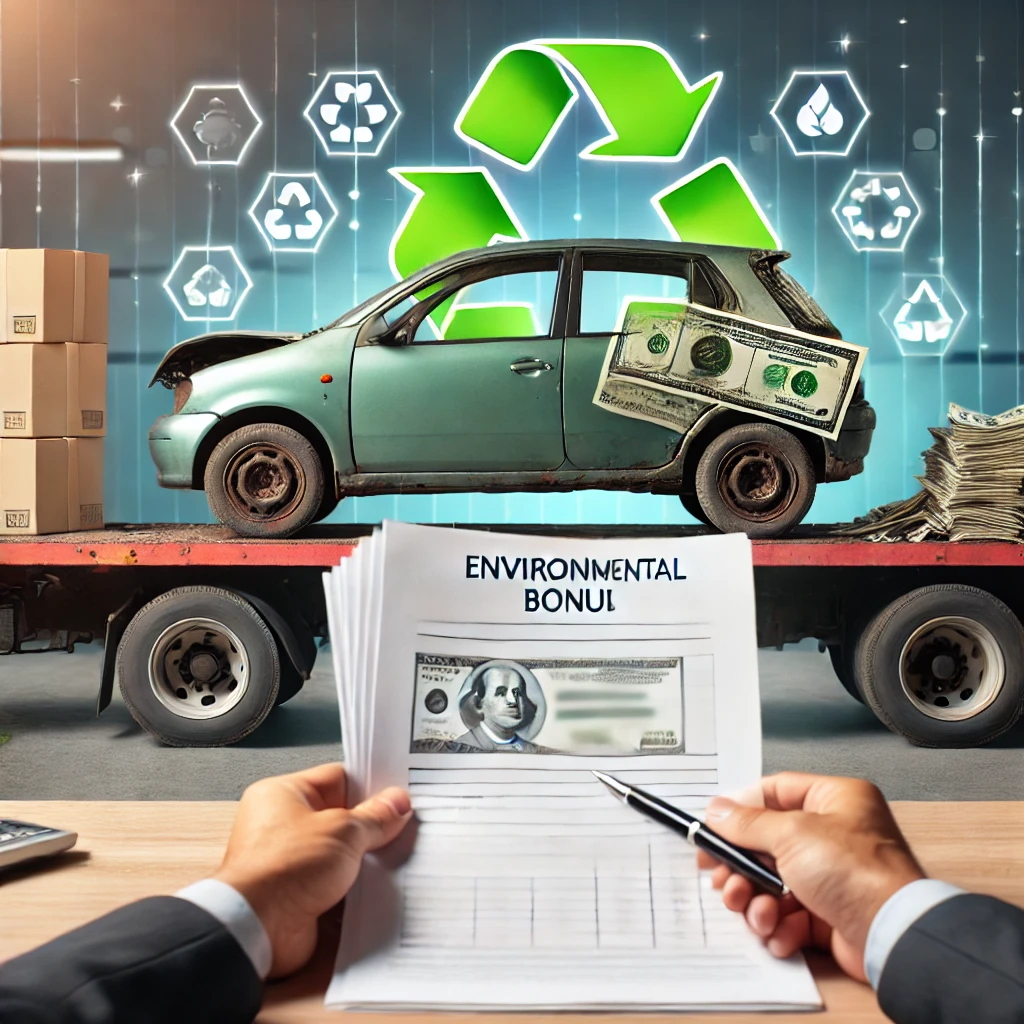 Altes Auto beim Verschrotten mit Recycling- und Geldsymbolen für Umweltprämie