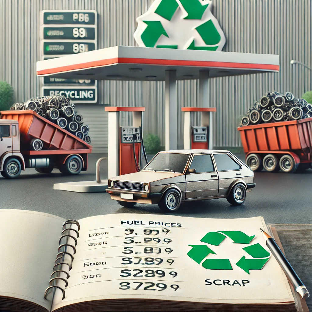 Altes Auto an Tankstelle mit hohen Spritpreisen, im Hintergrund ein Schrottplatz mit Recycling-Symbolen