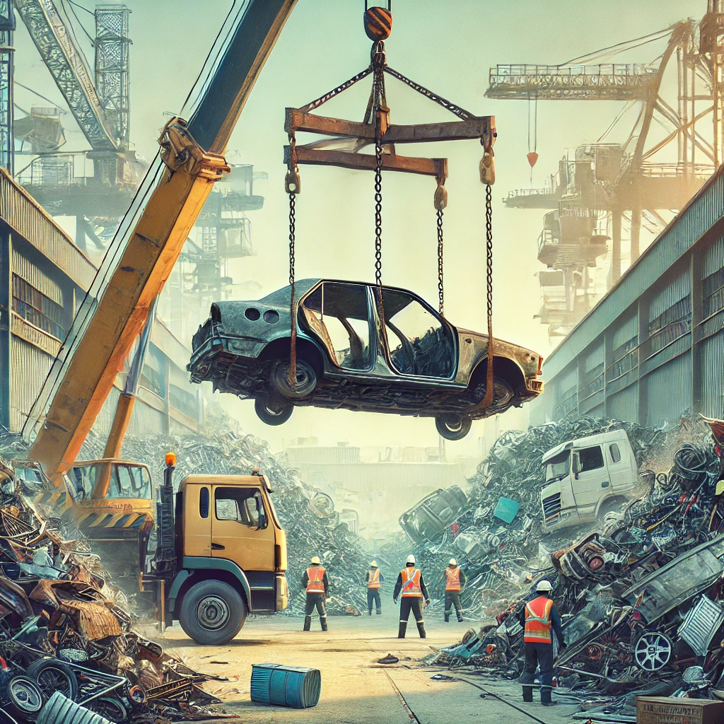 Altes Auto wird für Recycling mit Kran bewegt